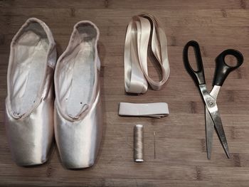 High angle view of objects on table