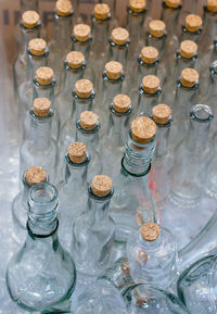 High angle view of wine bottles on table