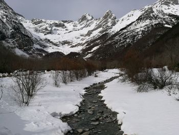 Scenic view of snow covered mountains against sky