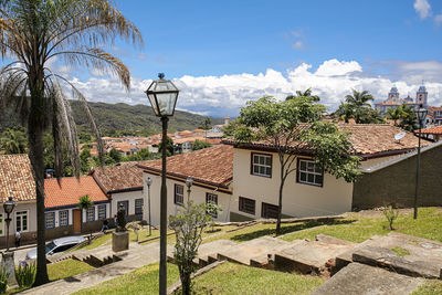 Trees and houses against sky