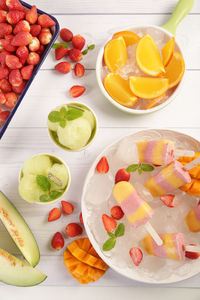 High angle view of fruits in bowl on table