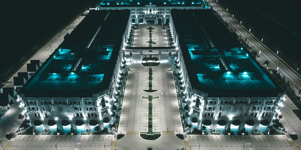 Low angle view of illuminated building at night