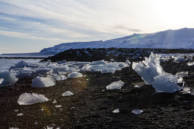 Ice blocks at glacier lagoon jokulsarlon in iceland, wintertime