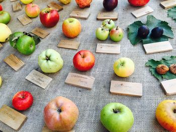 High angle view of apples on table