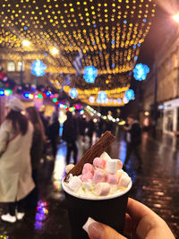 High angle view of illuminated christmas lights at newcastle christmas market.