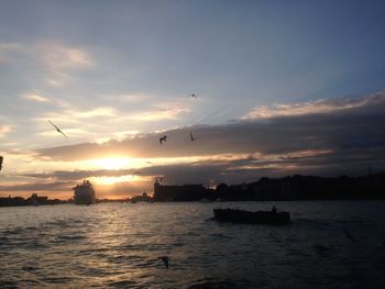 Silhouette birds flying over sea against sky during sunset