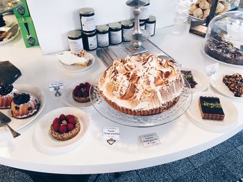 High angle view of cake served on table