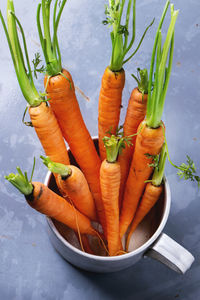 High angle view of carrots in mug on table