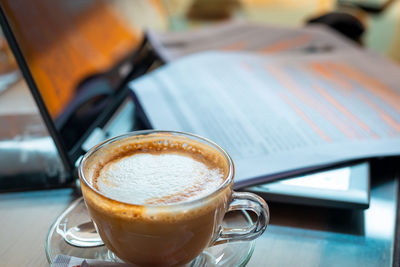 High angle view of coffee on table