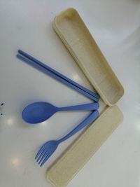 High angle view of fork on table