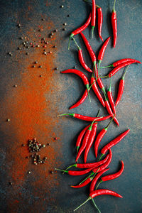 Directly above shot of red chili peppers on table