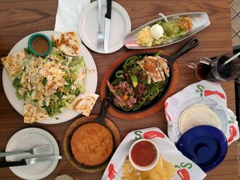 High angle view of food served on table