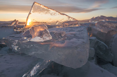 Aerial view of frozen landscape against sky during sunset