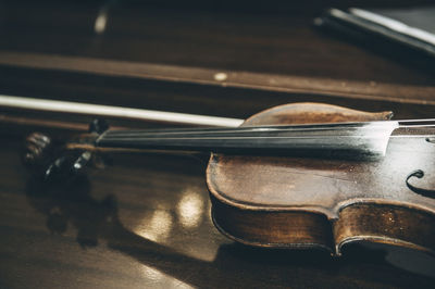 High angle view of violin on table