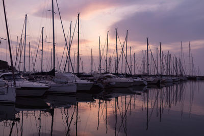 Sailboats moored in marina at sunset