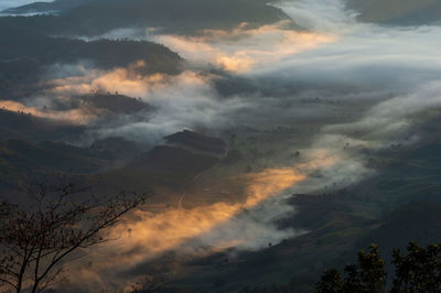 Scenic view of mountains against sky during sunset