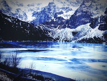 Scenic view of lake by snowcapped mountain