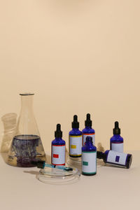 View of flask and dye in bottle