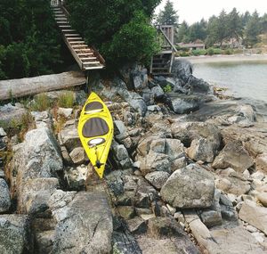 Yellow umbrella on riverbank