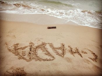 High angle view of text on beach