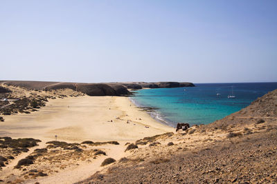 Scenic view of beach against clear sky