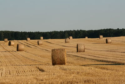 Hay bales on field against clear sky