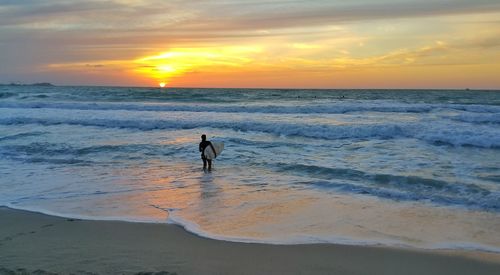 Rear view of woman carrying surfboard while standing in sea against sky during sunset