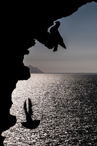 Silhouette man in sea against sky
