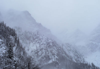 Scenic view of snow covered mountains during winter