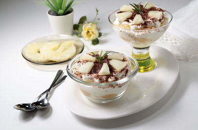 Close-up of dessert in glass on table