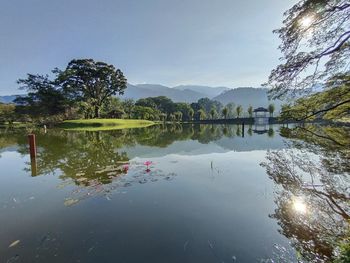 Reflection of trees in lake against sky