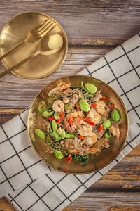 High angle view of salad in bowl on table