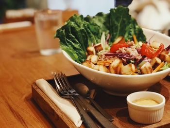 Close-up of salad in bowl on table