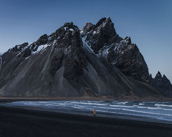 Scenic view of snowcapped mountains against clear sky