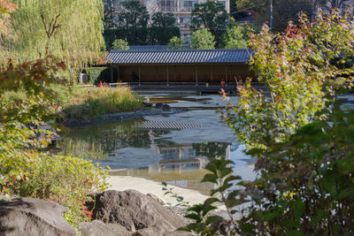 High angle view of building by lake