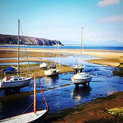 Sailboats moored in sea against sky