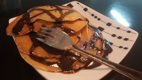 High angle view of dessert in plate on table