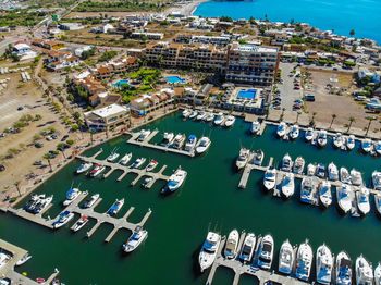 High angle view of marina in city