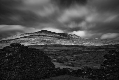 Scenic view of mountains against cloudy sky