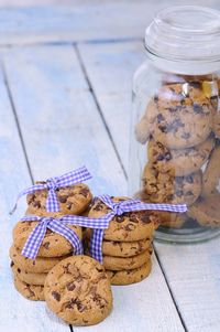 High angle view of cookies in jar on table