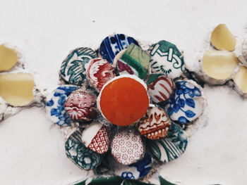 High angle view of multi colored candies on table