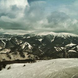 Snow covered landscape against cloudy sky