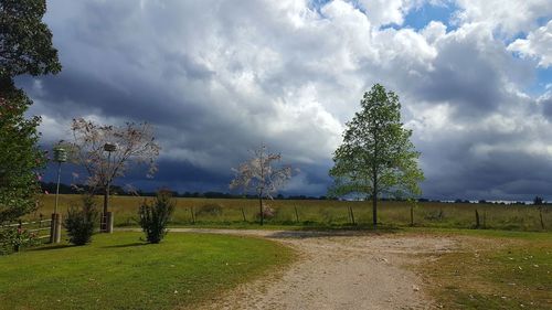 View of fields against cloudy sky