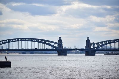 Bridge over river with city in background