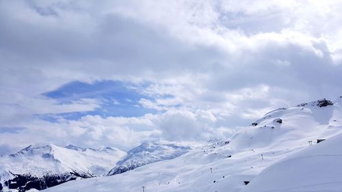 Scenic view of snow covered mountains against sky