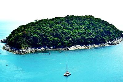 High angle view of sailboat on sea against clear sky