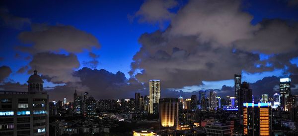 View of city lit up at night