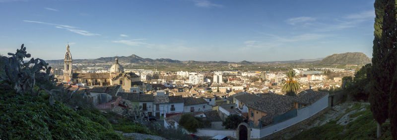 Aerial panorama of the city of xativa, jativa, valencia, spain