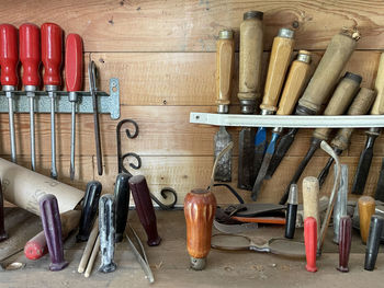 High angle view of work tools on table