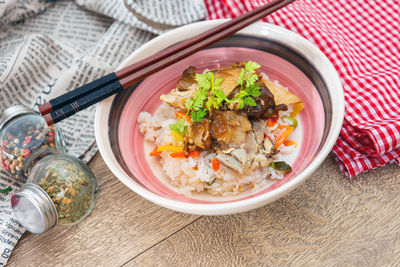 High angle view of food in bowl on table